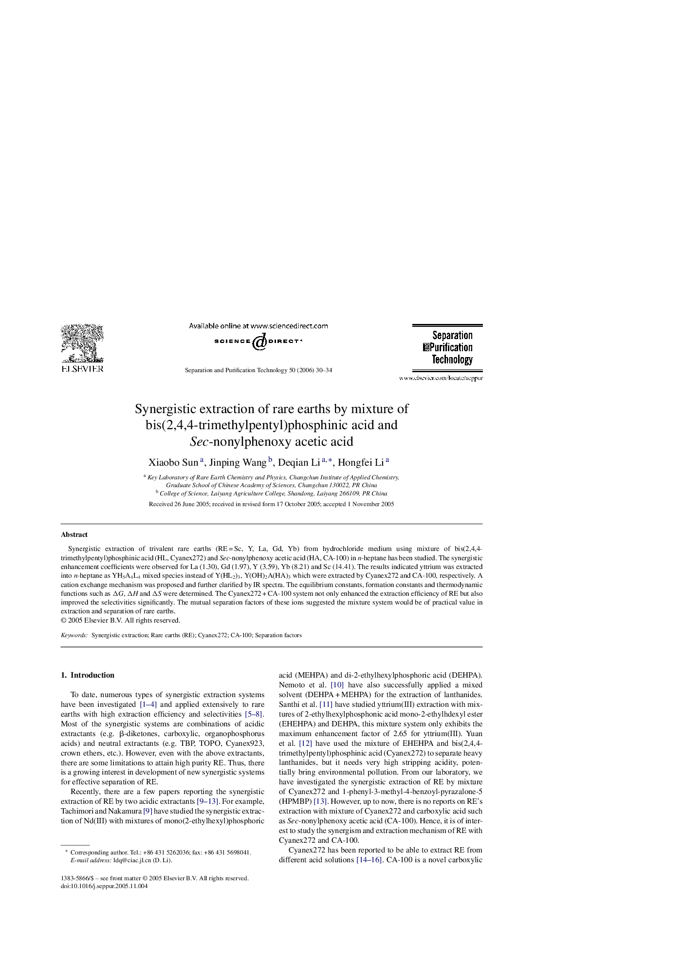 Synergistic extraction of rare earths by mixture of bis(2,4,4-trimethylpentyl)phosphinic acid and Sec-nonylphenoxy acetic acid