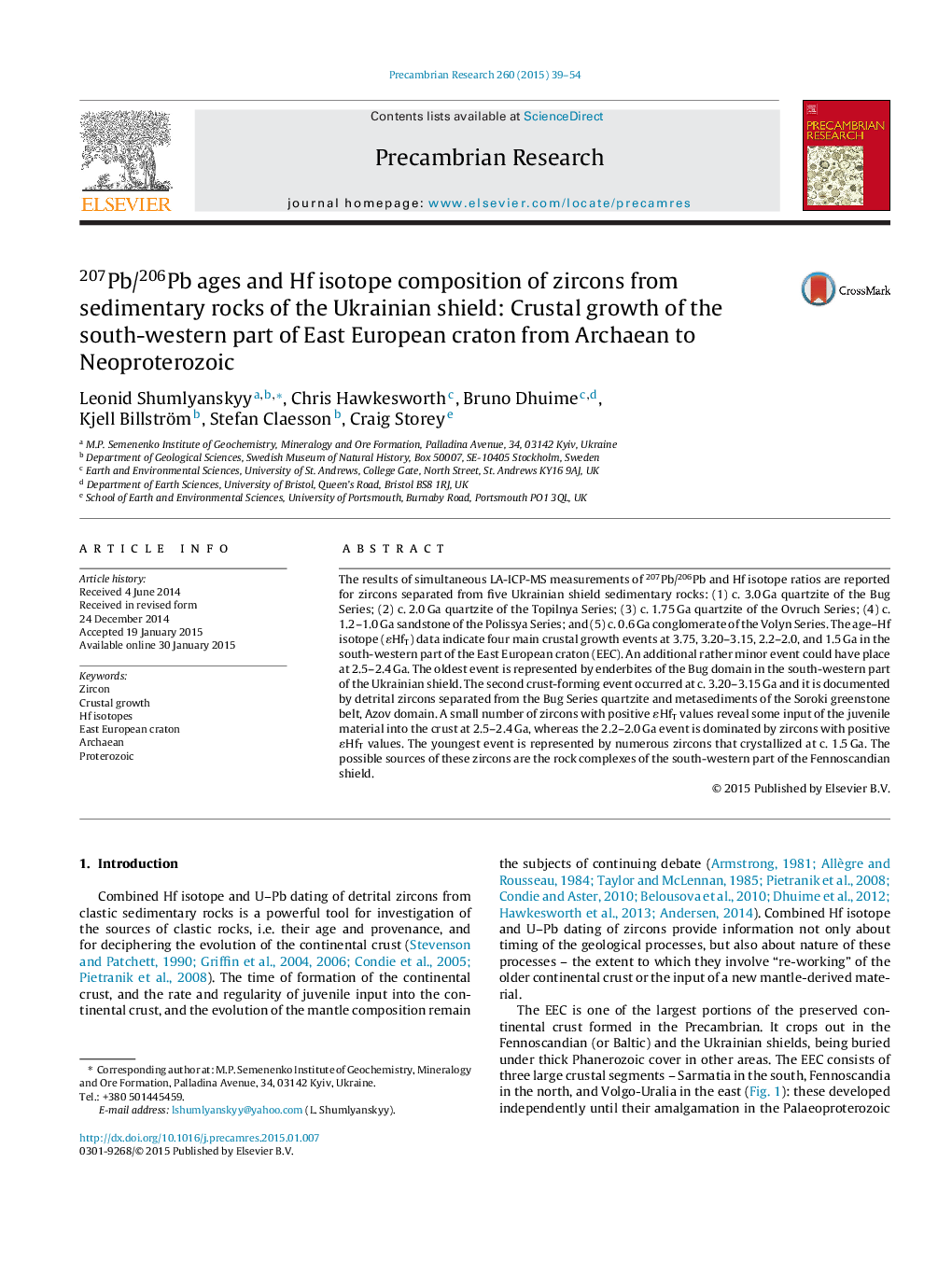 207Pb/206Pb ages and Hf isotope composition of zircons from sedimentary rocks of the Ukrainian shield: Crustal growth of the south-western part of East European craton from Archaean to Neoproterozoic