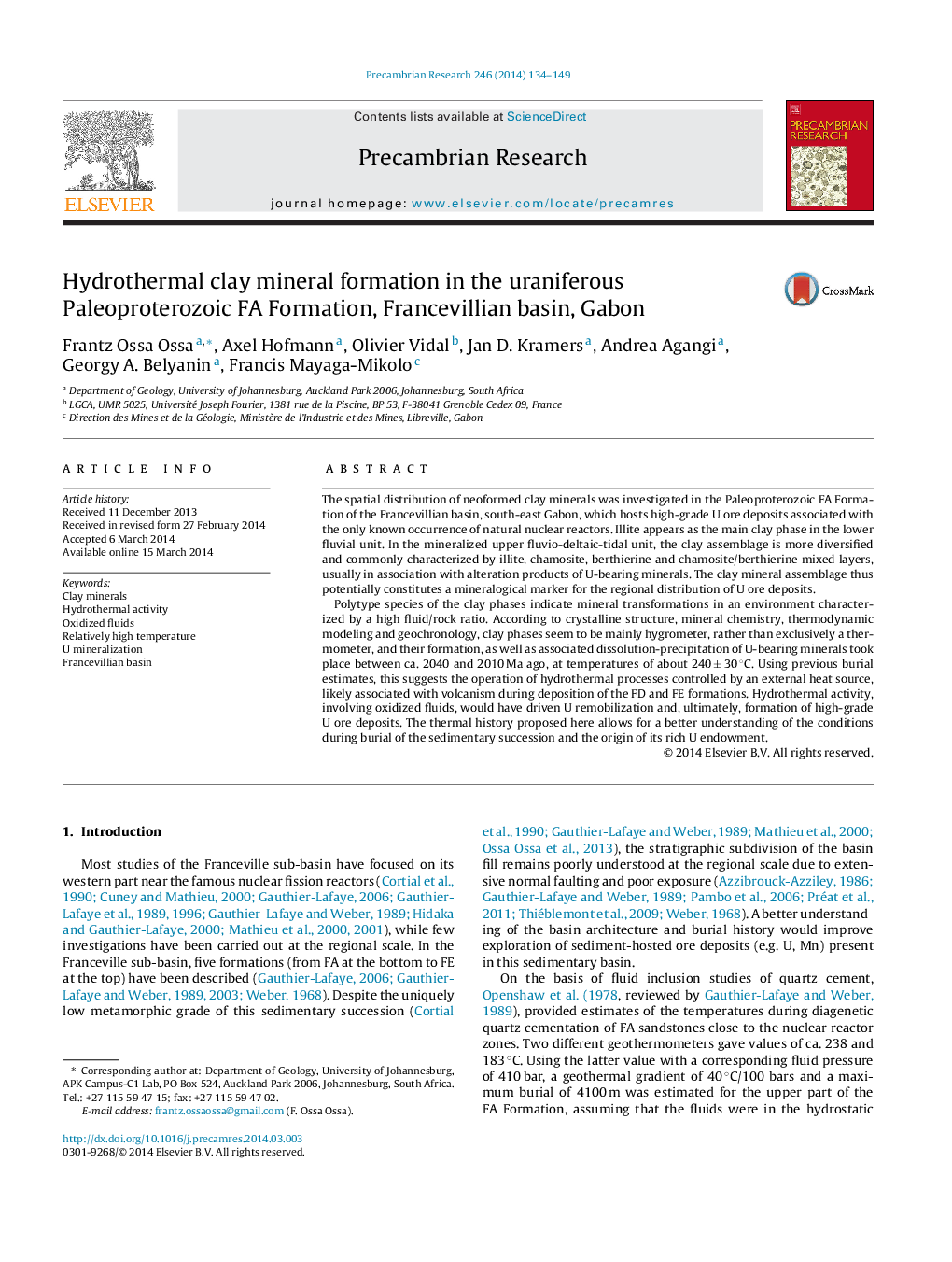 عکس صفحه اول مقاله: Hydrothermal clay mineral formation in the uraniferous Paleoproterozoic FA Formation, Francevillian basin, Gabon Hydrothermal clay mineral formation in the uraniferous Paleoproterozoic FA Formation, Francevillian basin, Gabon