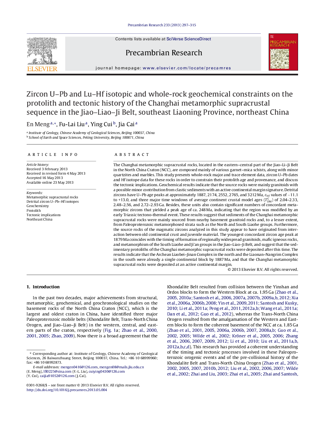 Zircon U-Pb and Lu-Hf isotopic and whole-rock geochemical constraints on the protolith and tectonic history of the Changhai metamorphic supracrustal sequence in the Jiao-Liao-Ji Belt, southeast Liaoning Province, northeast China