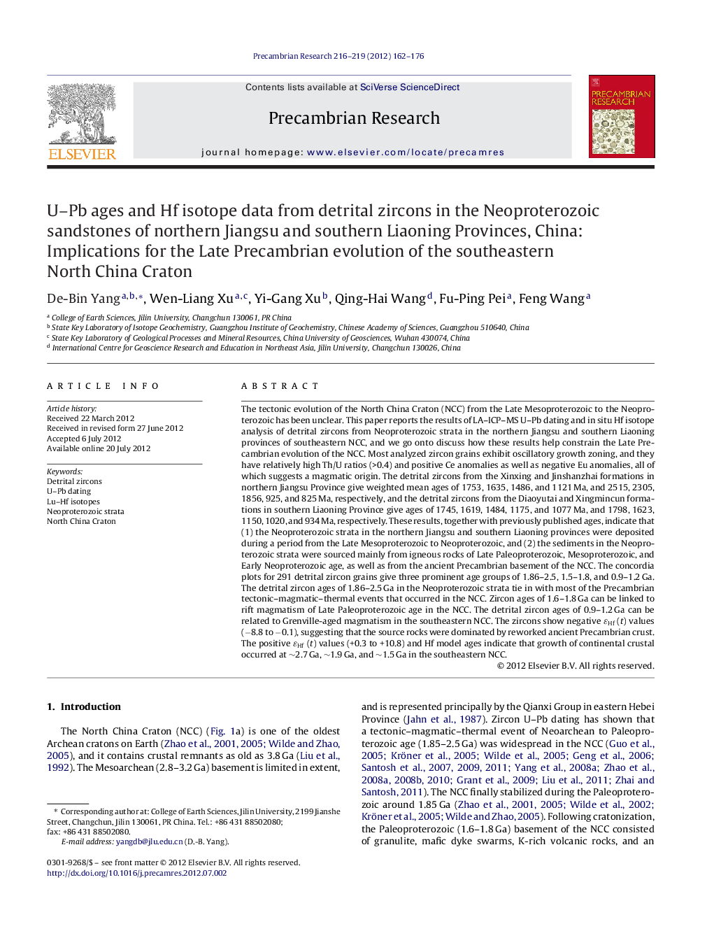 U-Pb ages and Hf isotope data from detrital zircons in the Neoproterozoic sandstones of northern Jiangsu and southern Liaoning Provinces, China: Implications for the Late Precambrian evolution of the southeastern North China Craton