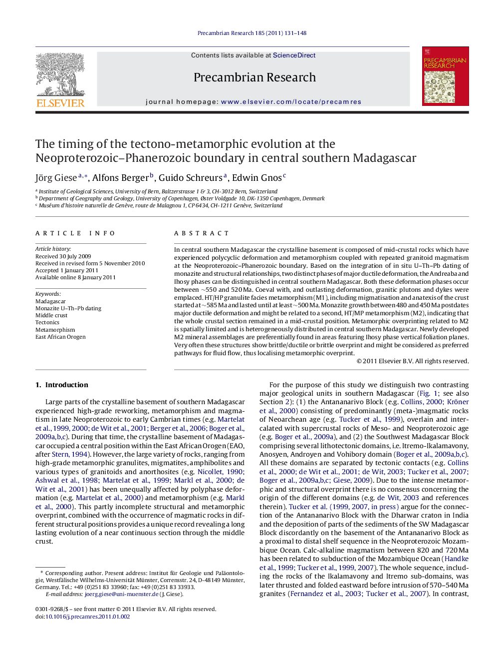 The timing of the tectono-metamorphic evolution at the Neoproterozoic-Phanerozoic boundary in central southern Madagascar