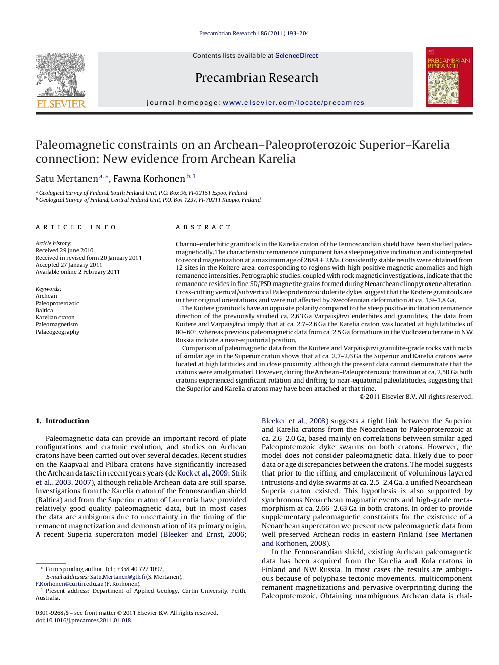 Paleomagnetic constraints on an Archean-Paleoproterozoic Superior-Karelia connection: New evidence from Archean Karelia