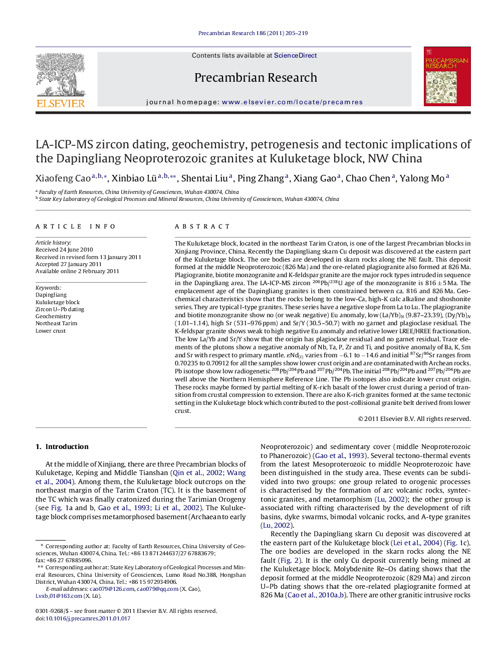 LA-ICP-MS zircon dating, geochemistry, petrogenesis and tectonic implications of the Dapingliang Neoproterozoic granites at Kuluketage block, NW China