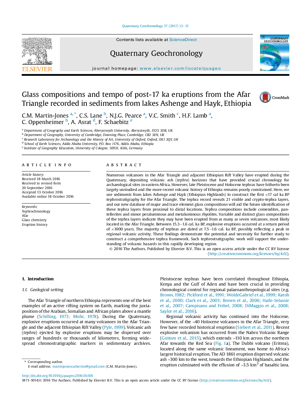 Glass compositions and tempo of post-17 ka eruptions from the Afar Triangle recorded in sediments from lakes Ashenge and Hayk, Ethiopia