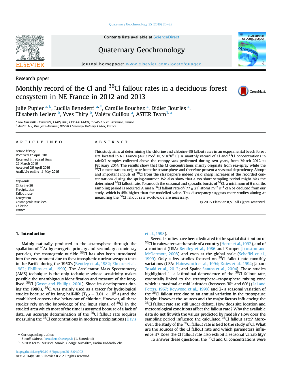 Monthly record of the Cl and 36Cl fallout rates in a deciduous forest ecosystem in NE France in 2012 and 2013