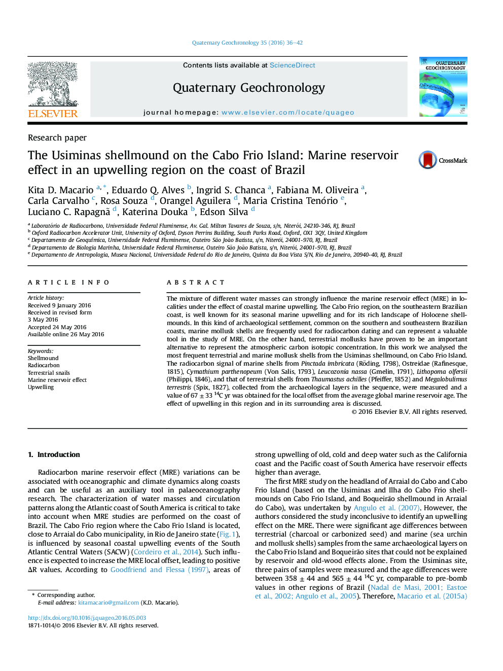 The Usiminas shellmound on the Cabo Frio Island: Marine reservoir effect in an upwelling region on the coast of Brazil