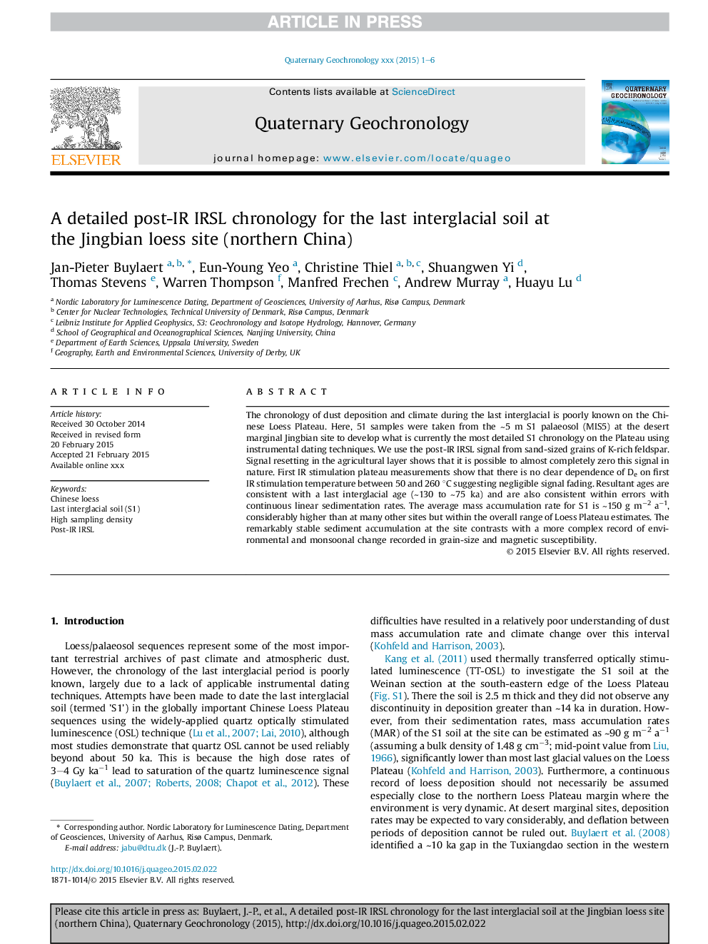 A detailed post-IR IRSL chronology for the last interglacial soil at the Jingbian loess site (northern China)