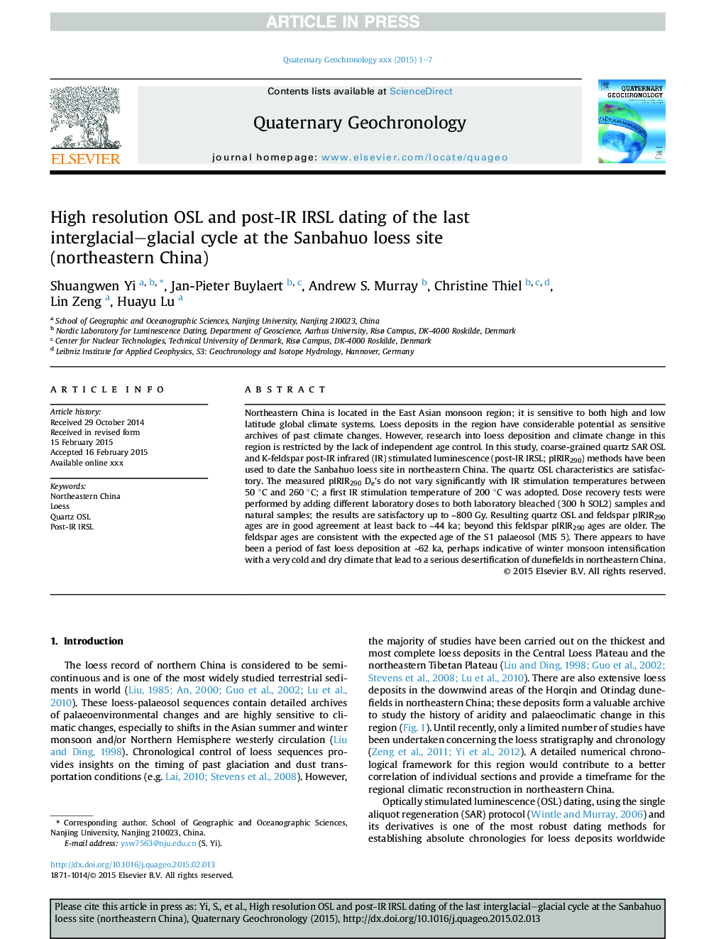 High resolution OSL and post-IR IRSL dating of the last interglacial-glacial cycle at the Sanbahuo loess site (northeastern China)