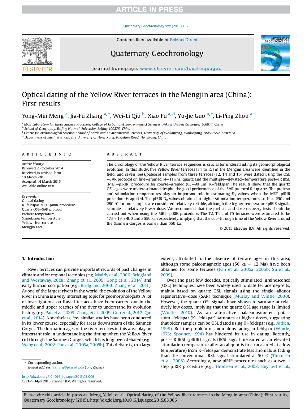Optical dating of the Yellow River terraces in the Mengjin area (China): First results