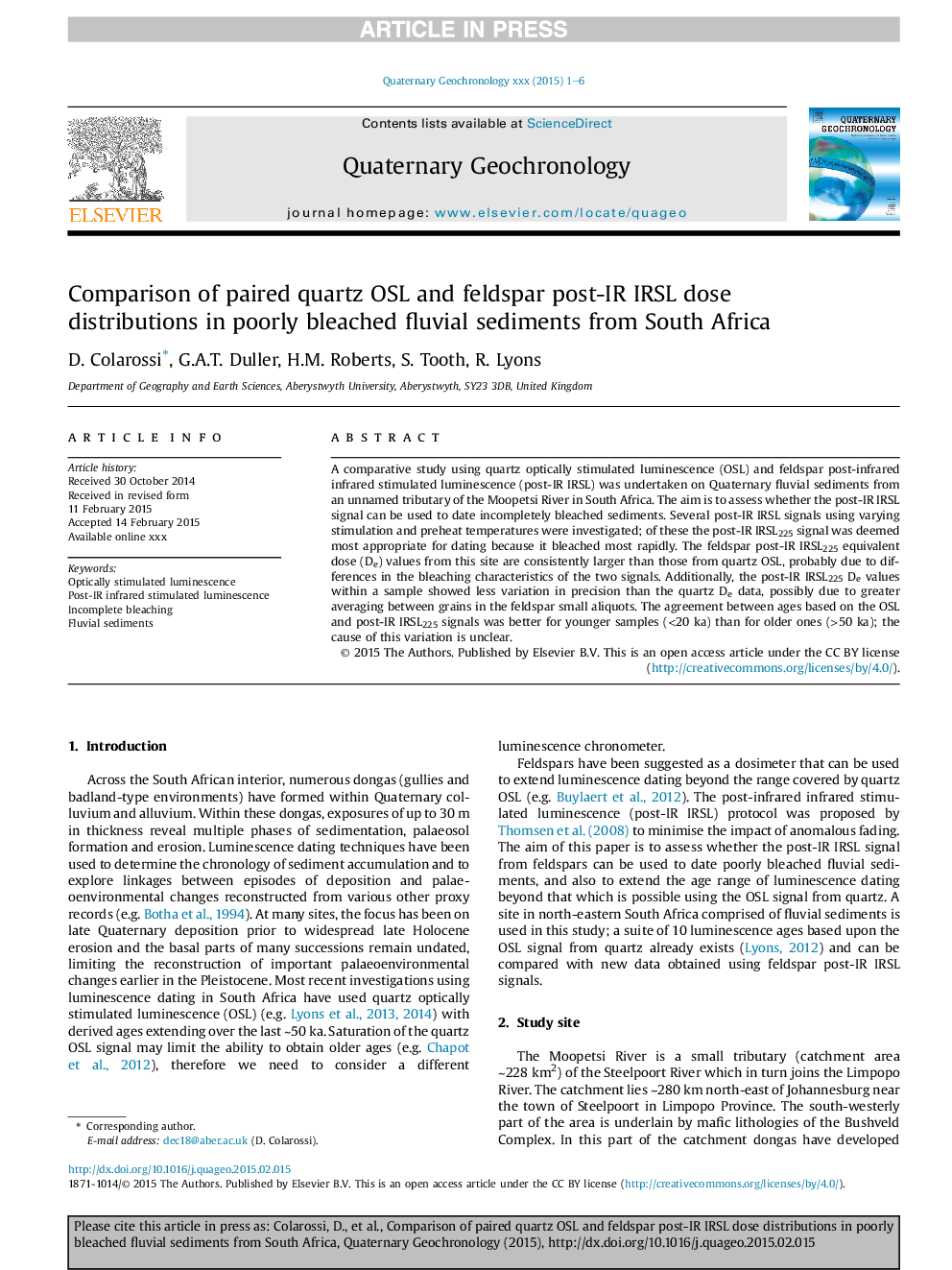 Comparison of paired quartz OSL and feldspar post-IR IRSL dose distributions in poorly bleached fluvial sediments from South Africa