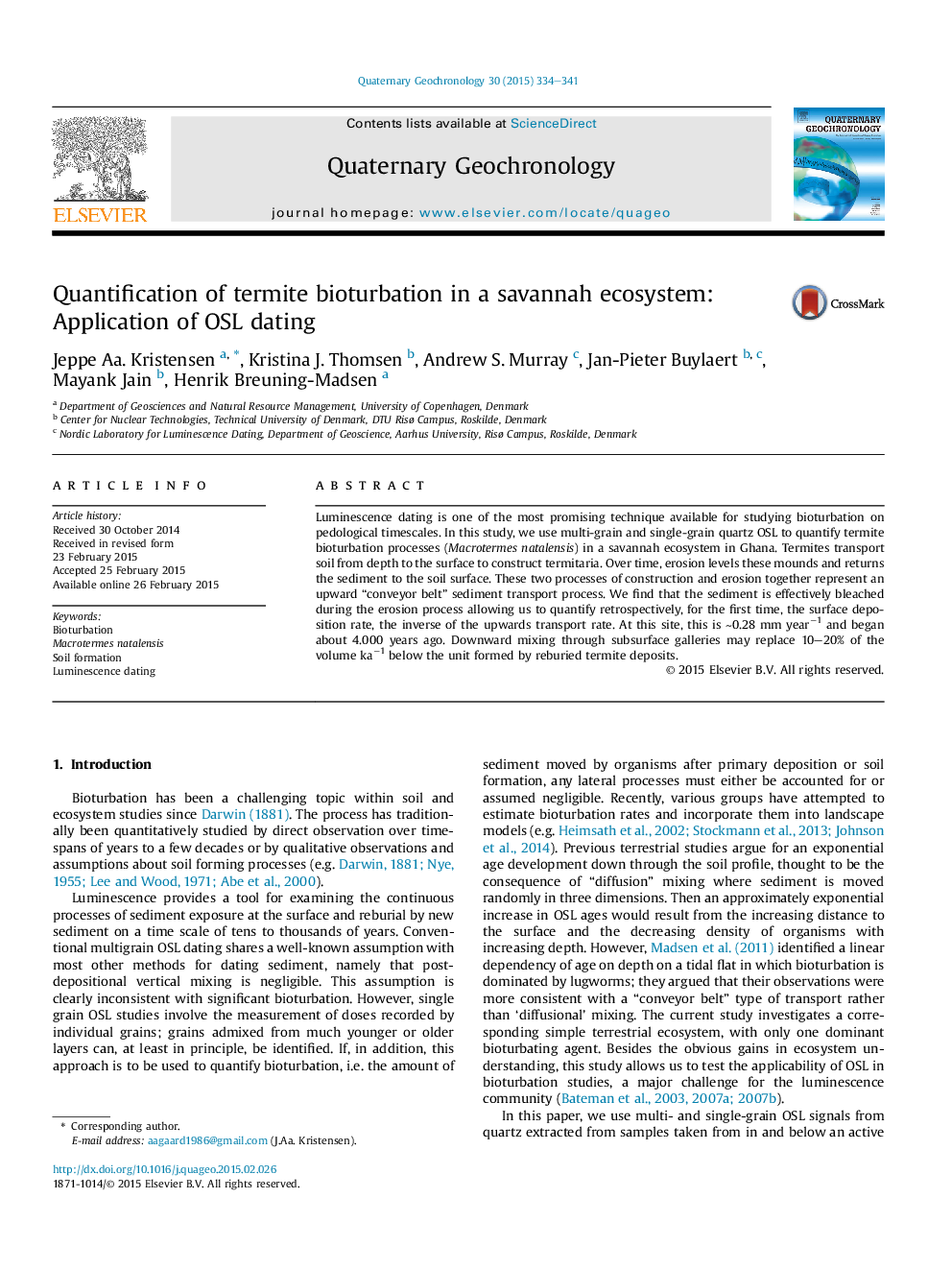 Quantification of termite bioturbation in a savannah ecosystem: Application of OSL dating