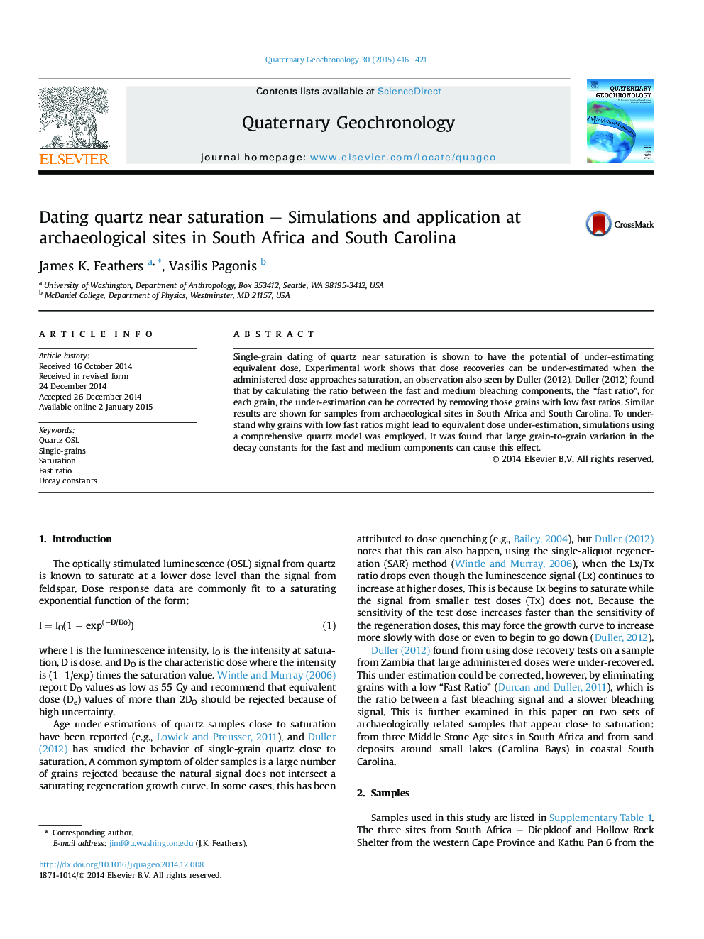 Dating quartz near saturation - Simulations and application at archaeological sites in South Africa and South Carolina