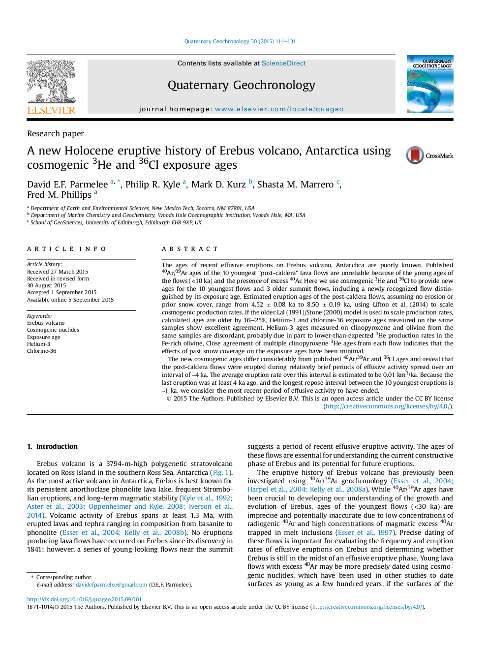 A new Holocene eruptive history of Erebus volcano, Antarctica using cosmogenic 3He and 36Cl exposure ages