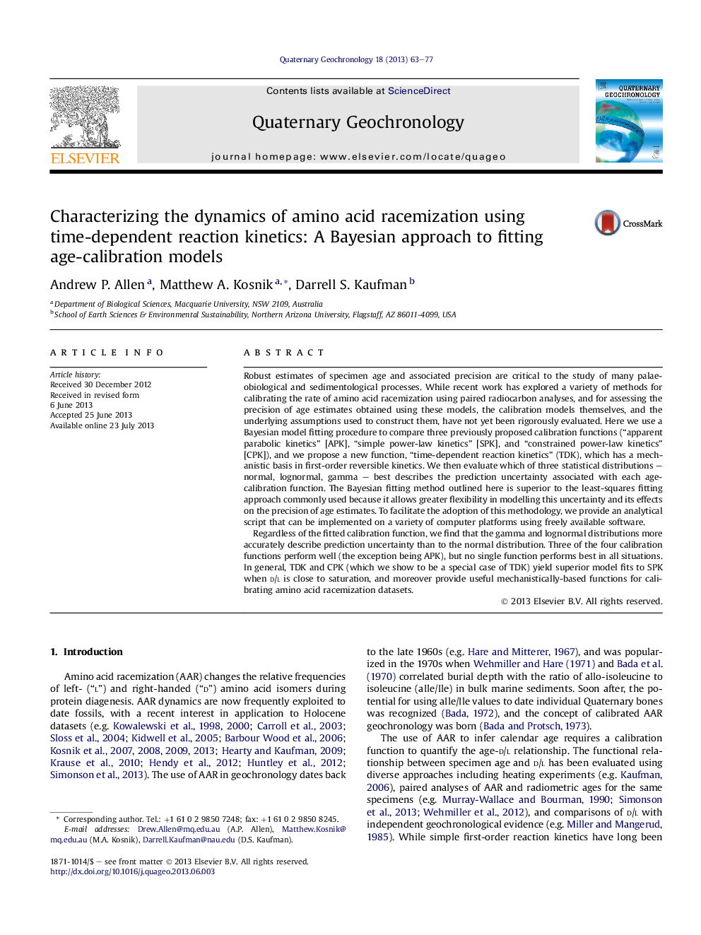 Characterizing the dynamics of amino acid racemization using time-dependent reaction kinetics: A Bayesian approach to fitting age-calibration models