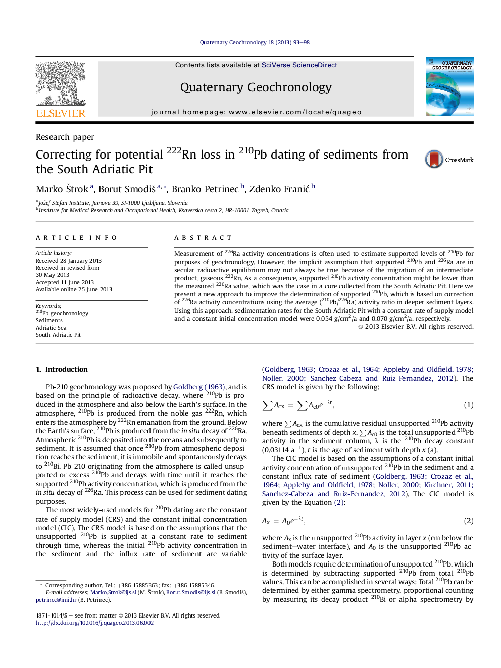 Correcting for potential 222Rn loss in 210Pb dating of sediments from the South Adriatic Pit