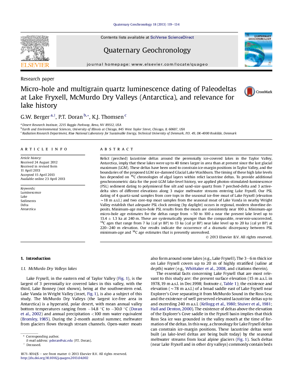 Micro-hole and multigrain quartz luminescence dating of Paleodeltas at Lake Fryxell, McMurdo Dry Valleys (Antarctica), and relevance for lake history