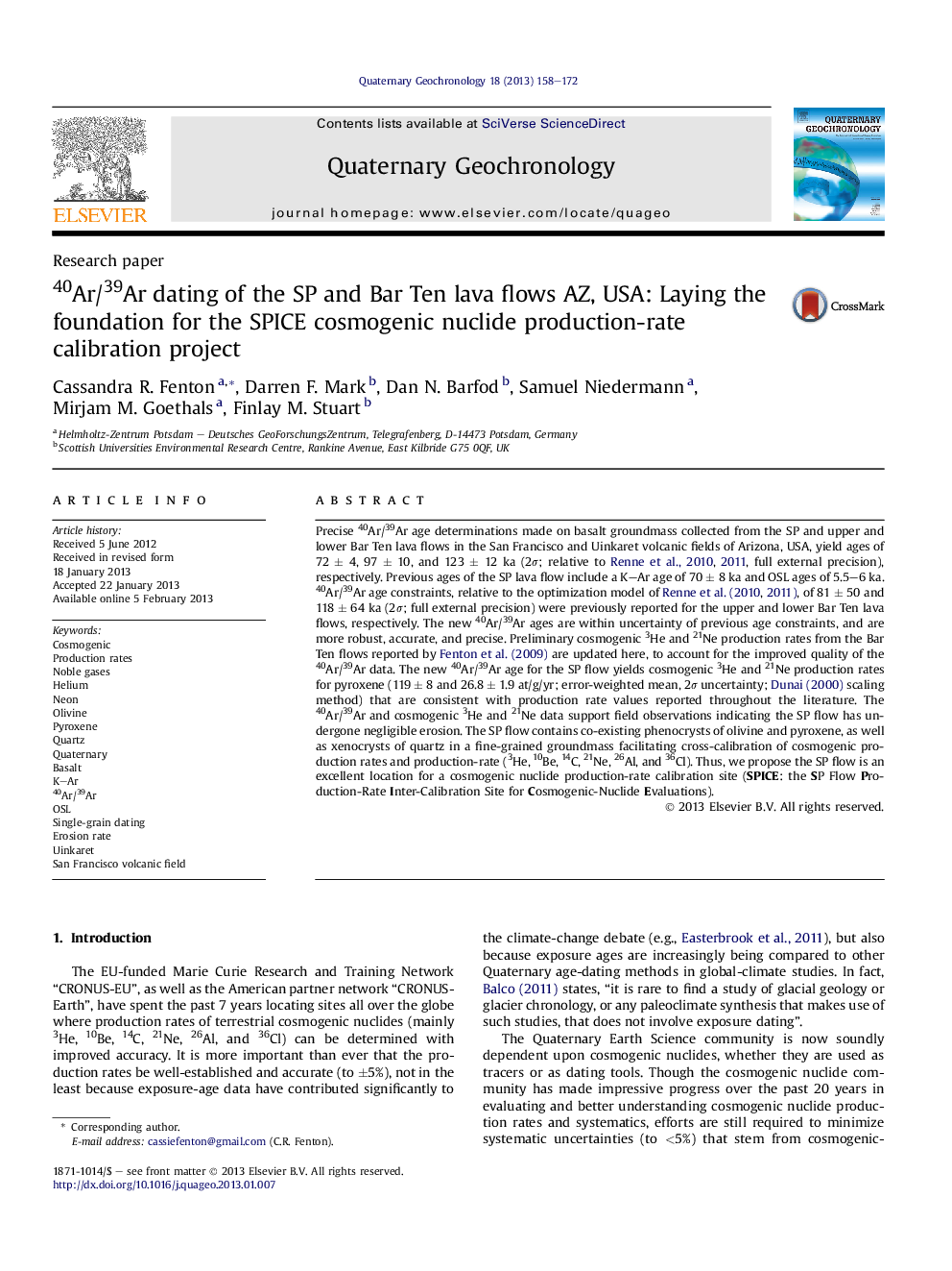 40Ar/39Ar dating of the SP and Bar Ten lava flows AZ, USA: Laying the foundation for the SPICE cosmogenic nuclide production-rate calibration project