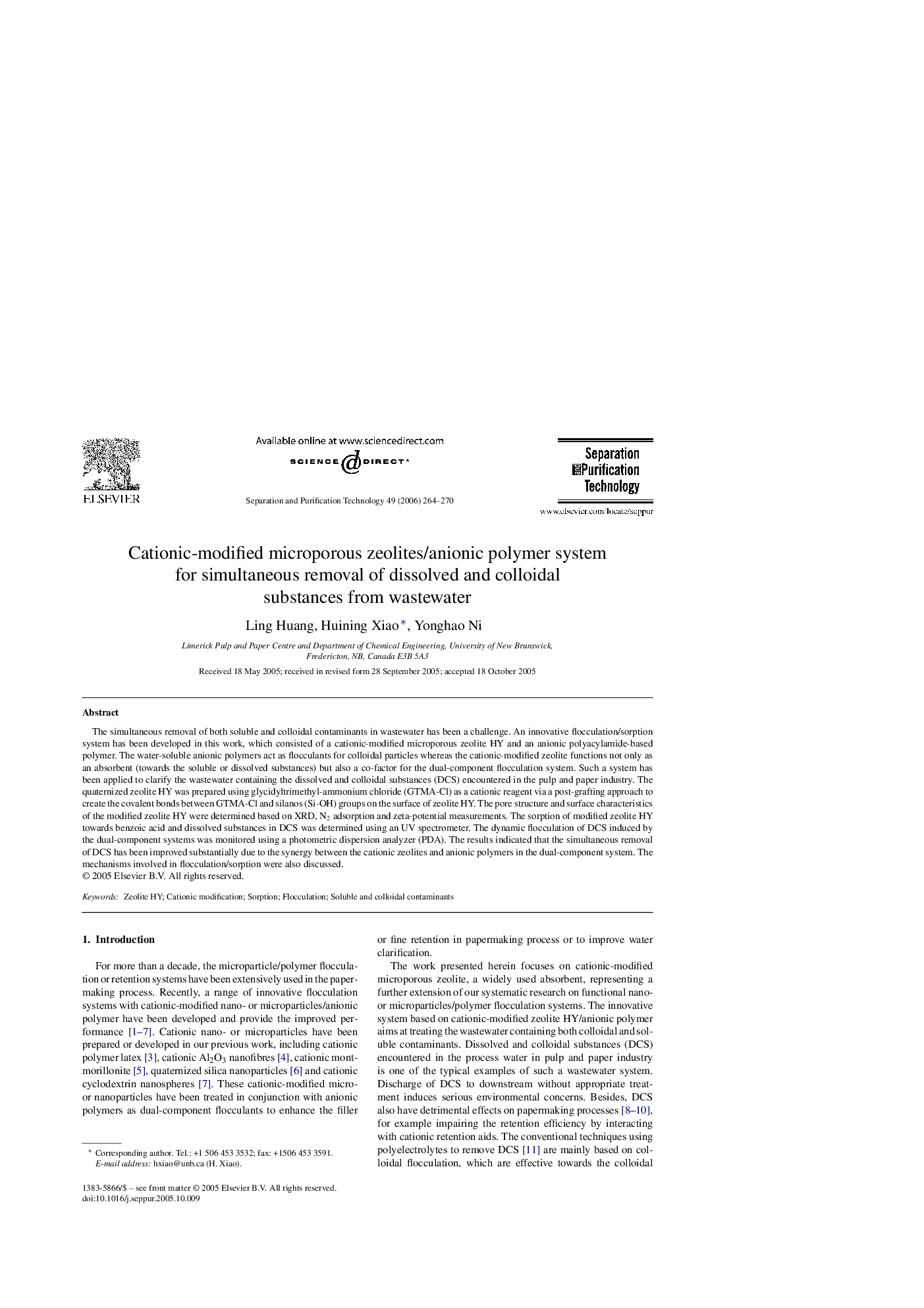 Cationic-modified microporous zeolites/anionic polymer system for simultaneous removal of dissolved and colloidal substances from wastewater