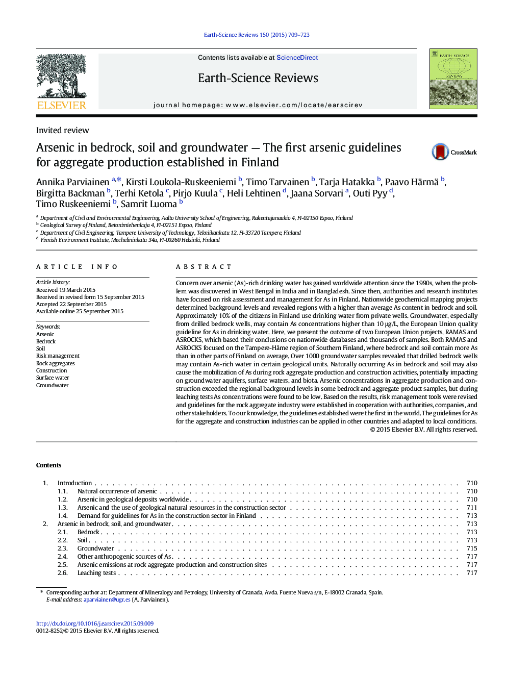 Arsenic in bedrock, soil and groundwater - The first arsenic guidelines for aggregate production established in Finland