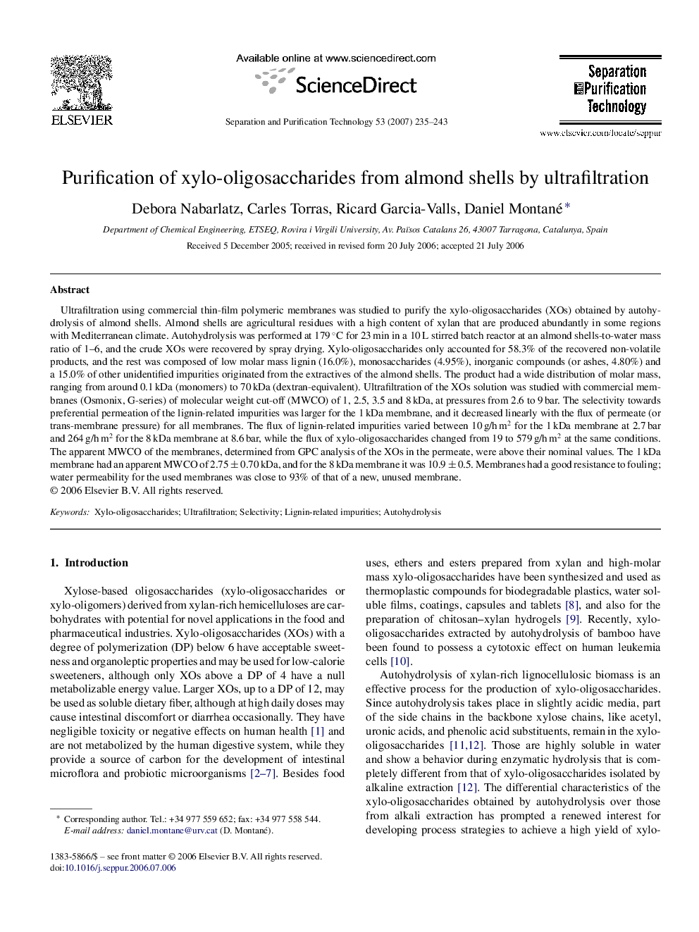 Purification of xylo-oligosaccharides from almond shells by ultrafiltration