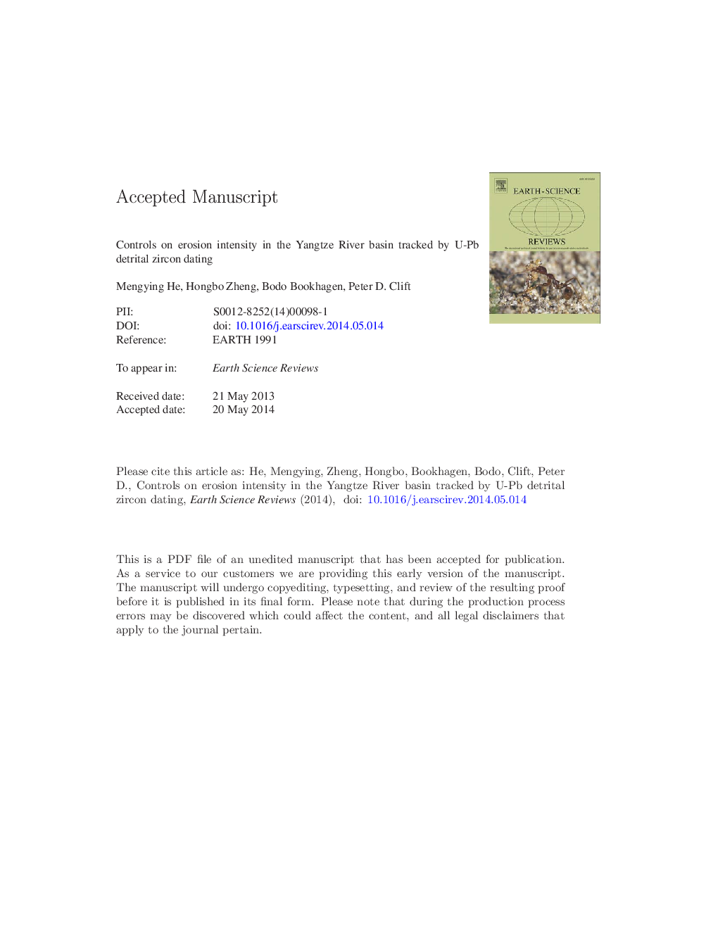 Controls on erosion intensity in the Yangtze River basin tracked by U-Pb detrital zircon dating