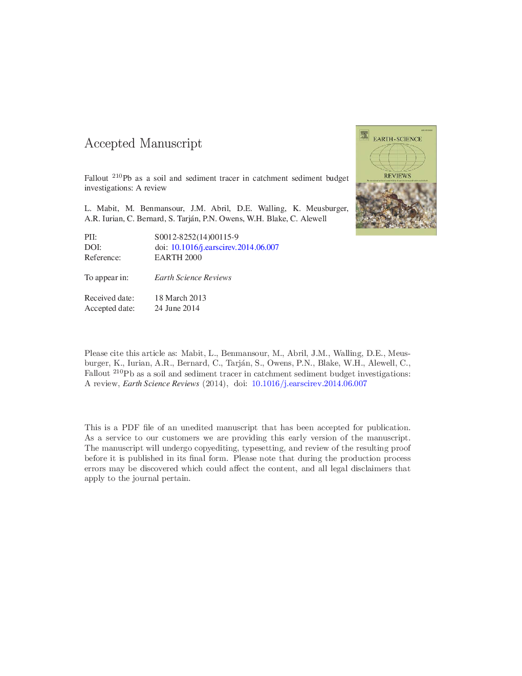 Fallout 210Pb as a soil and sediment tracer in catchment sediment budget investigations: A review