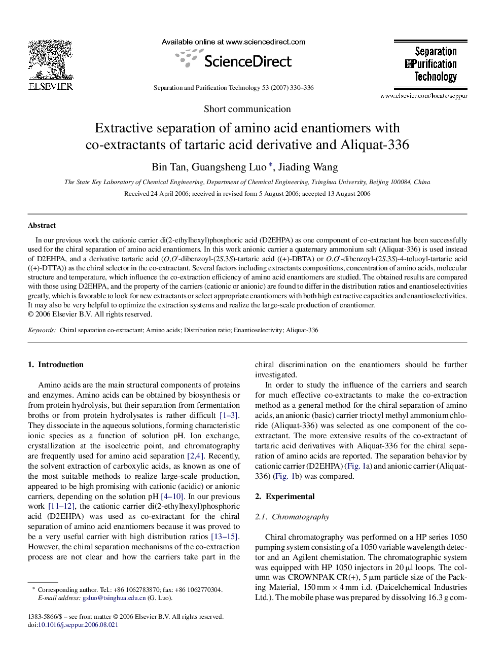 Extractive separation of amino acid enantiomers with co-extractants of tartaric acid derivative and Aliquat-336