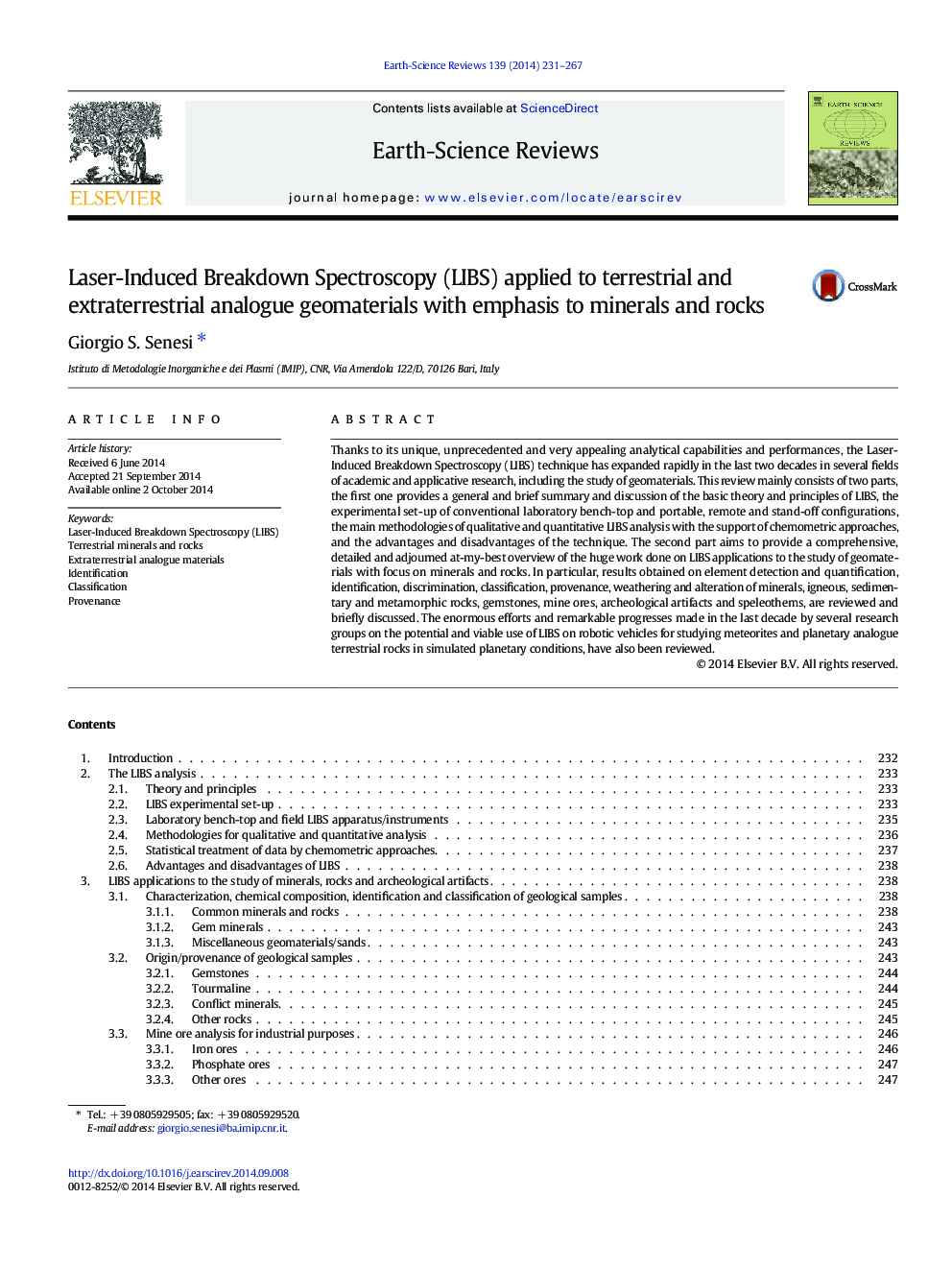 Laser-Induced Breakdown Spectroscopy (LIBS) applied to terrestrial and extraterrestrial analogue geomaterials with emphasis to minerals and rocks