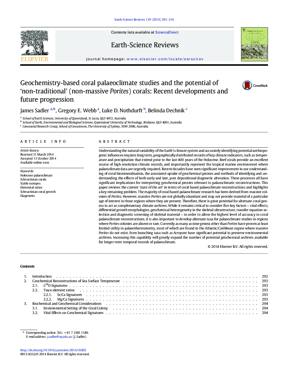 Geochemistry-based coral palaeoclimate studies and the potential of 'non-traditional' (non-massive Porites) corals: Recent developments and future progression