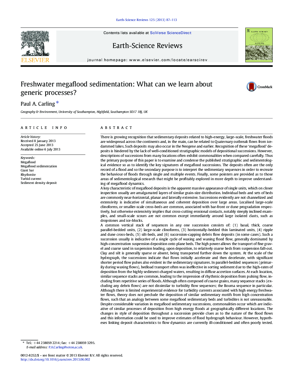 Freshwater megaflood sedimentation: What can we learn about generic processes?