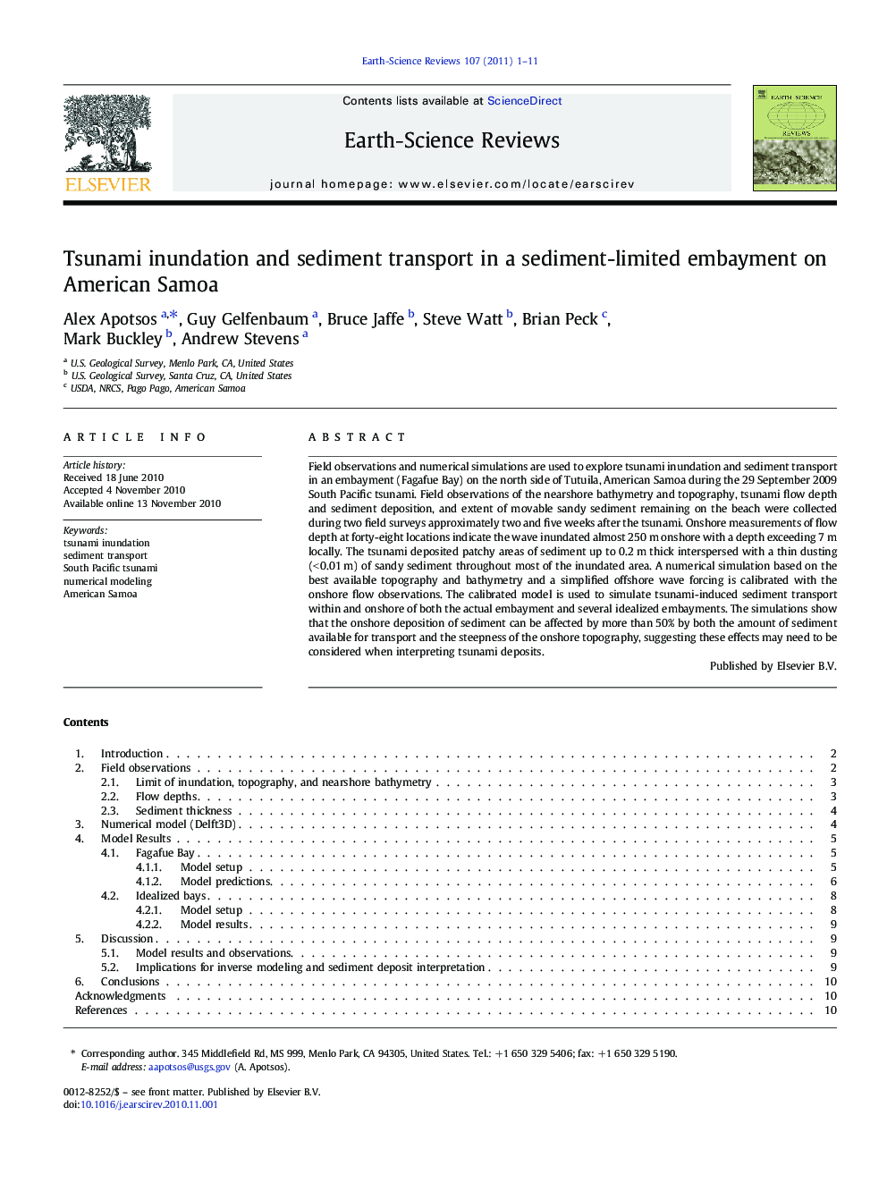 Tsunami inundation and sediment transport in a sediment-limited embayment on American Samoa