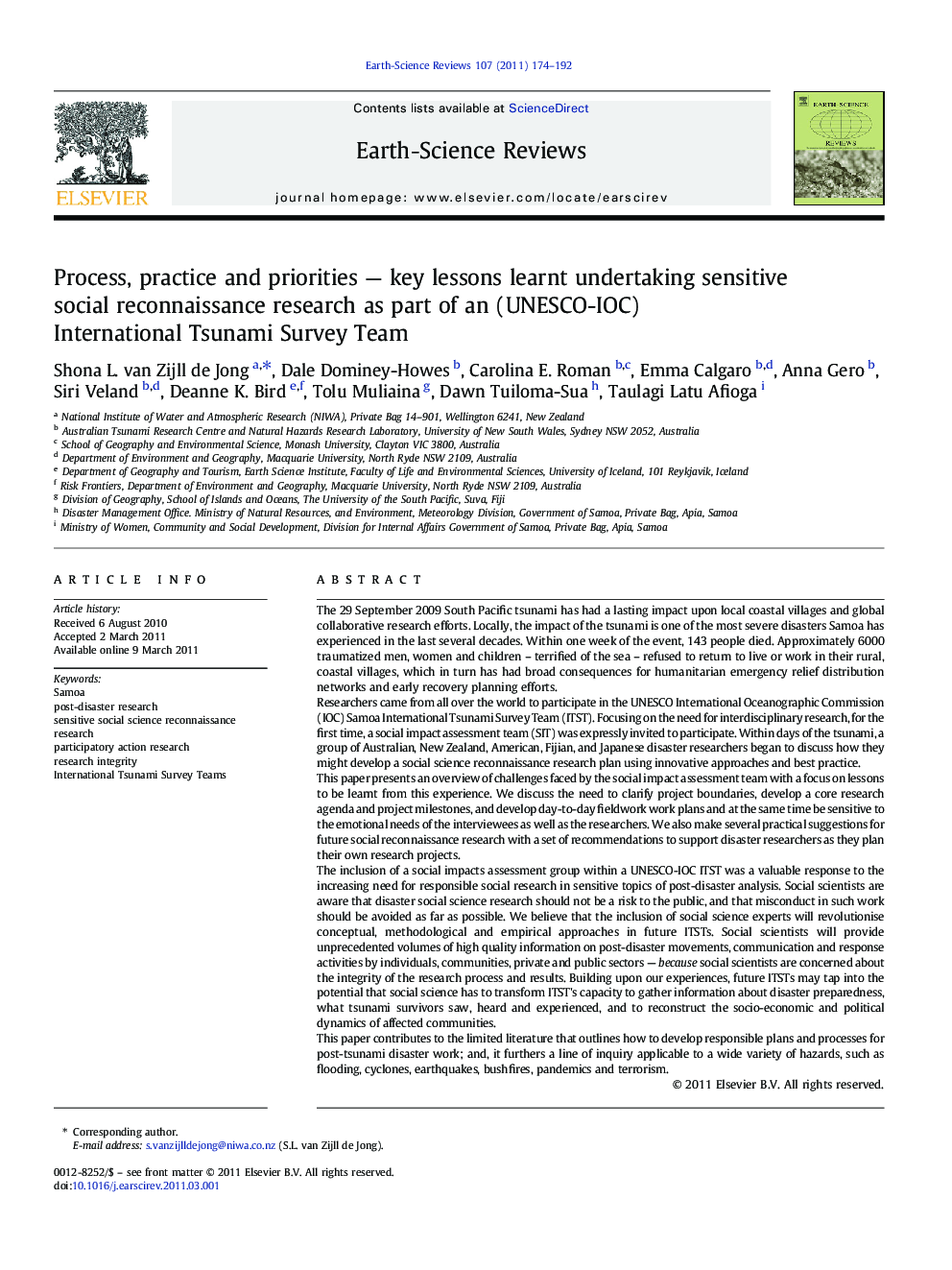 Process, practice and priorities - key lessons learnt undertaking sensitive social reconnaissance research as part of an (UNESCO-IOC) International Tsunami Survey Team