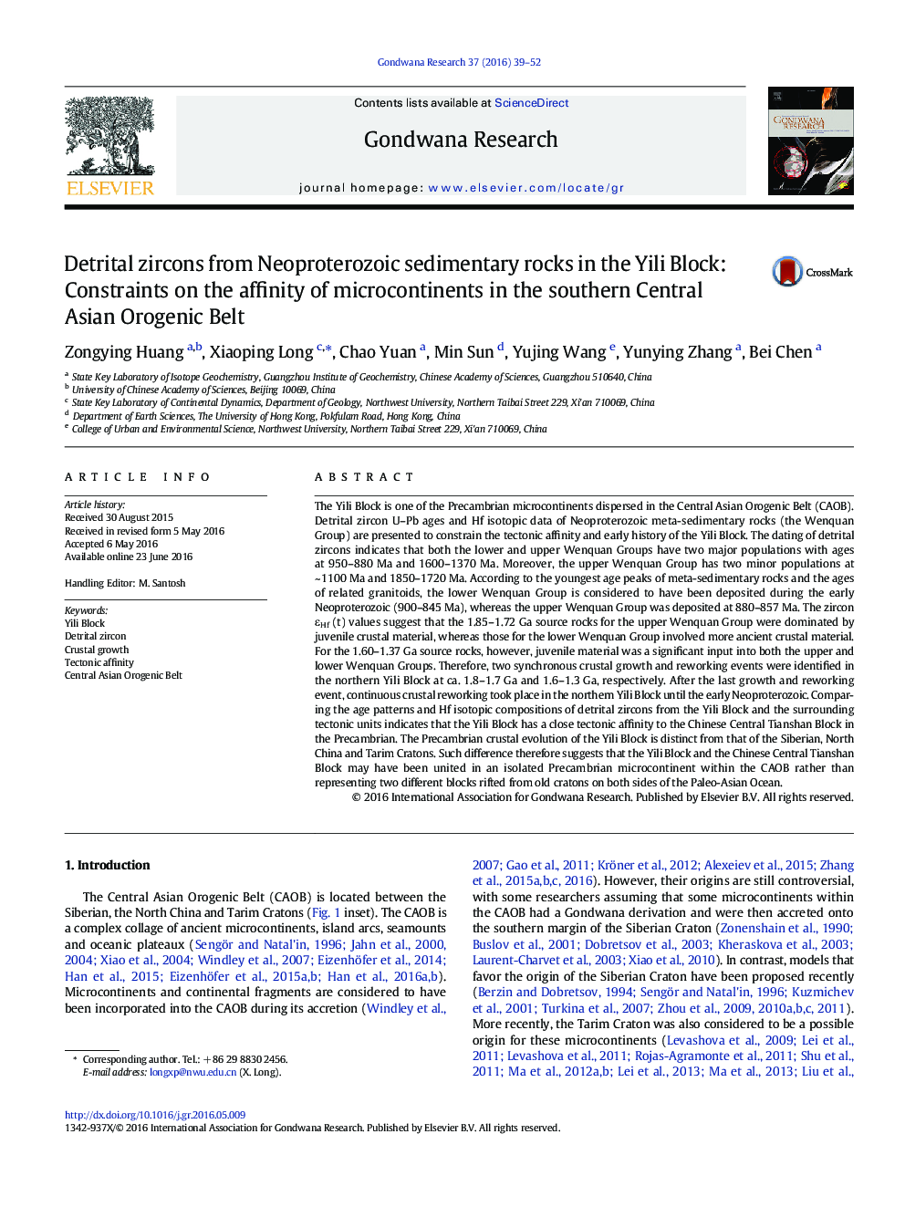 Detrital zircons from Neoproterozoic sedimentary rocks in the Yili Block: Constraints on the affinity of microcontinents in the southern Central Asian Orogenic Belt