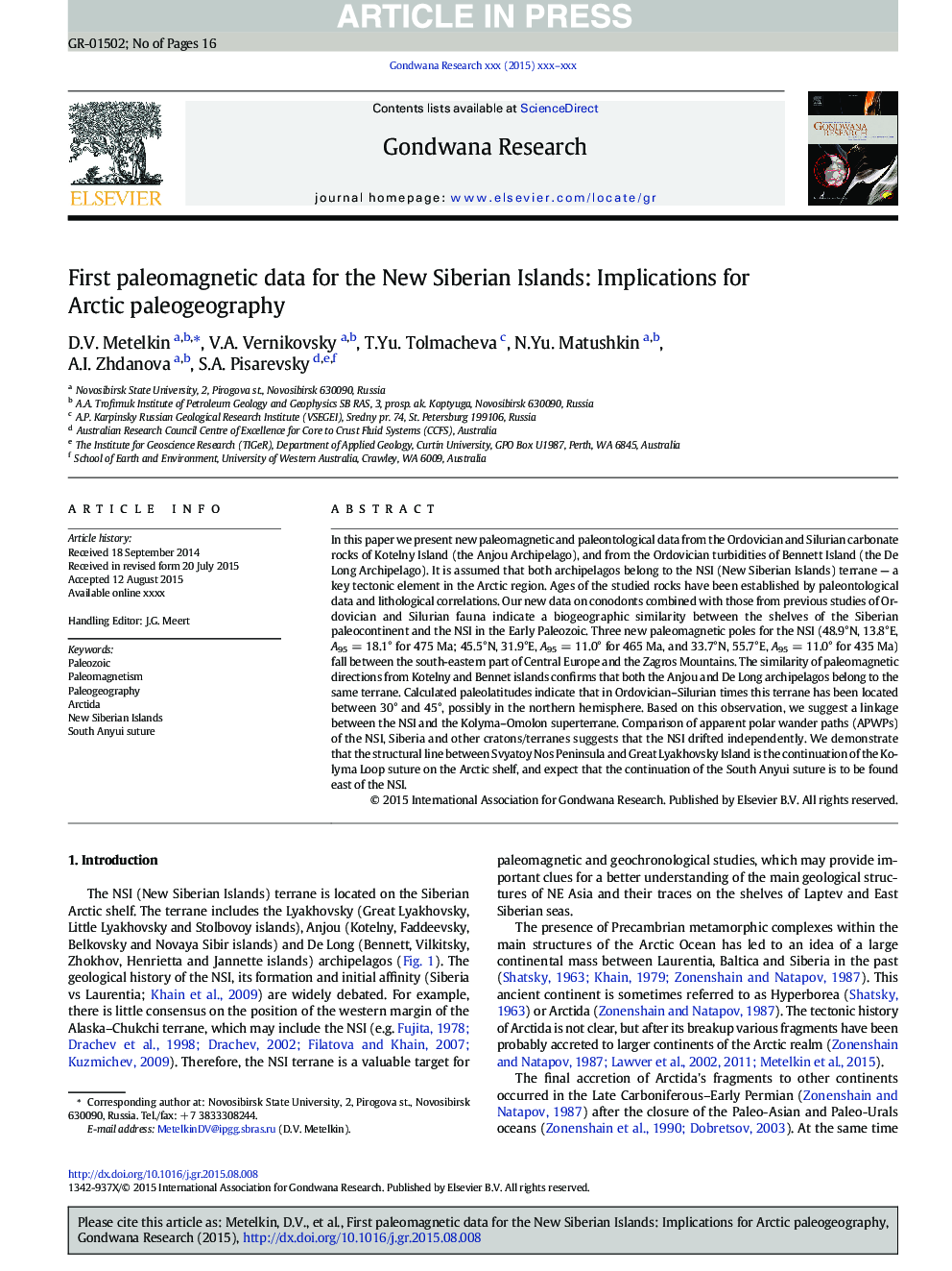 First paleomagnetic data for the New Siberian Islands: Implications for Arctic paleogeography