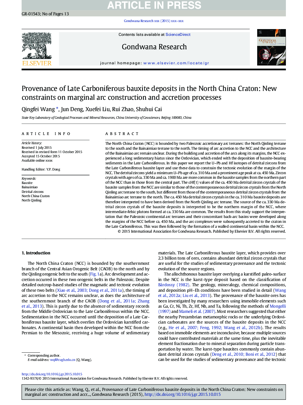 Provenance of Late Carboniferous bauxite deposits in the North China Craton: New constraints on marginal arc construction and accretion processes