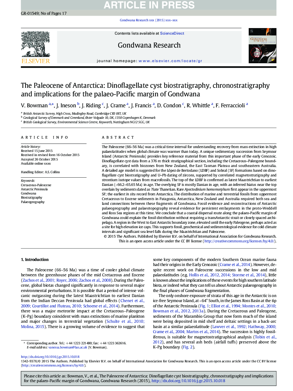 The Paleocene of Antarctica: Dinoflagellate cyst biostratigraphy, chronostratigraphy and implications for the palaeo-Pacific margin of Gondwana