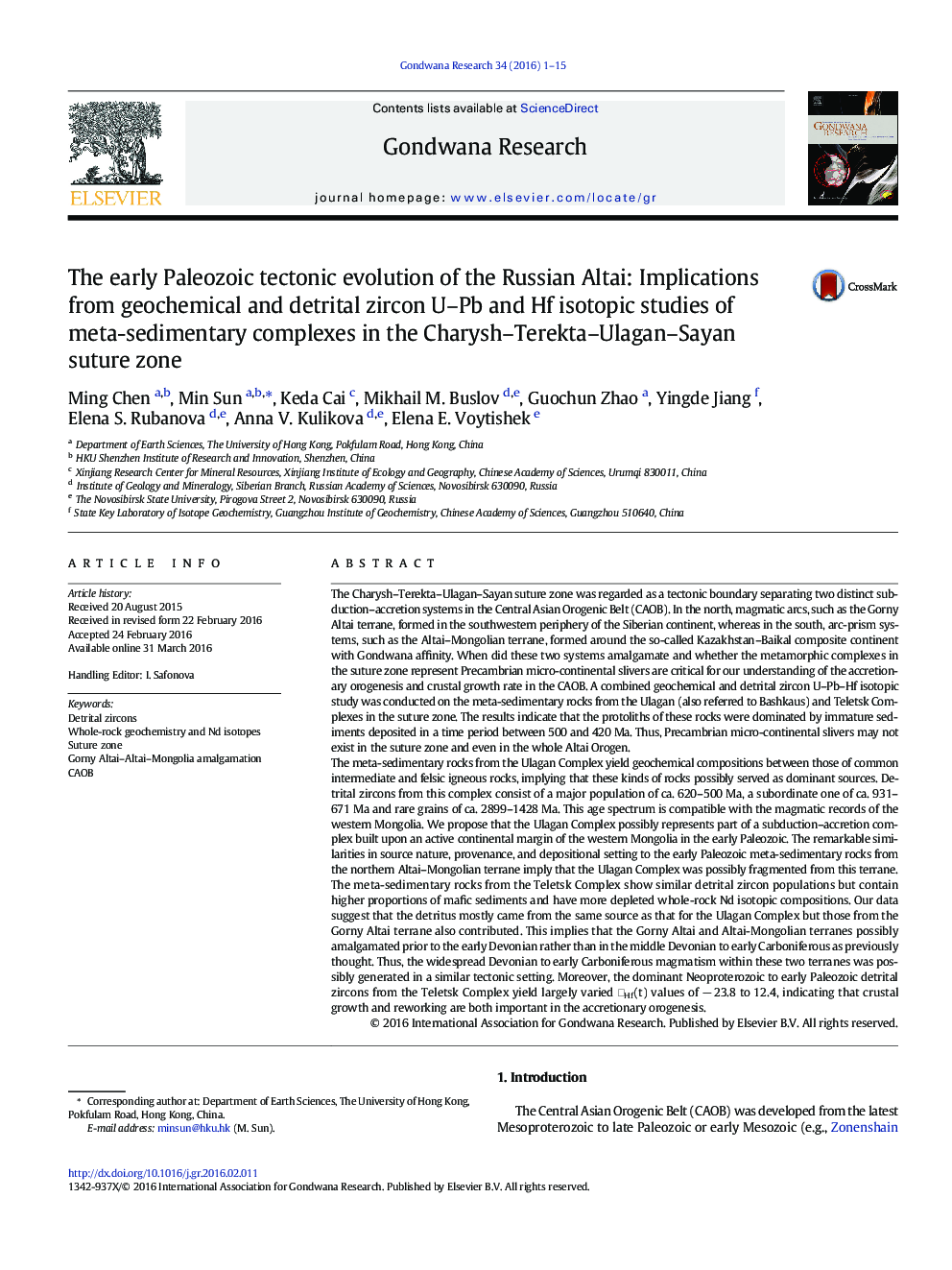 The early Paleozoic tectonic evolution of the Russian Altai: Implications from geochemical and detrital zircon U-Pb and Hf isotopic studies of meta-sedimentary complexes in the Charysh-Terekta-Ulagan-Sayan suture zone