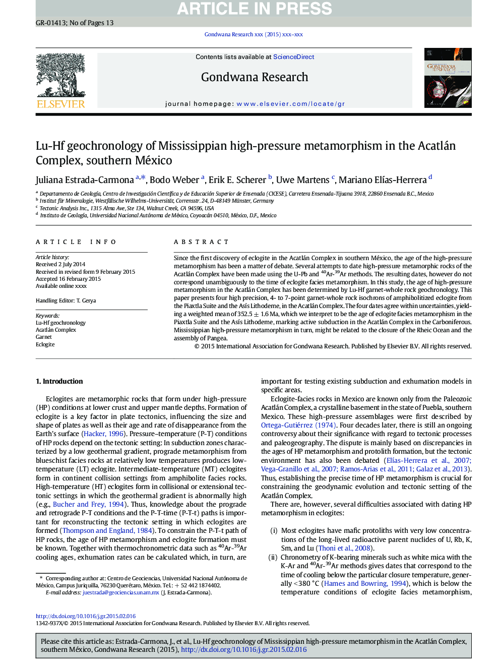 Lu-Hf geochronology of Mississippian high-pressure metamorphism in the Acatlán Complex, southern México