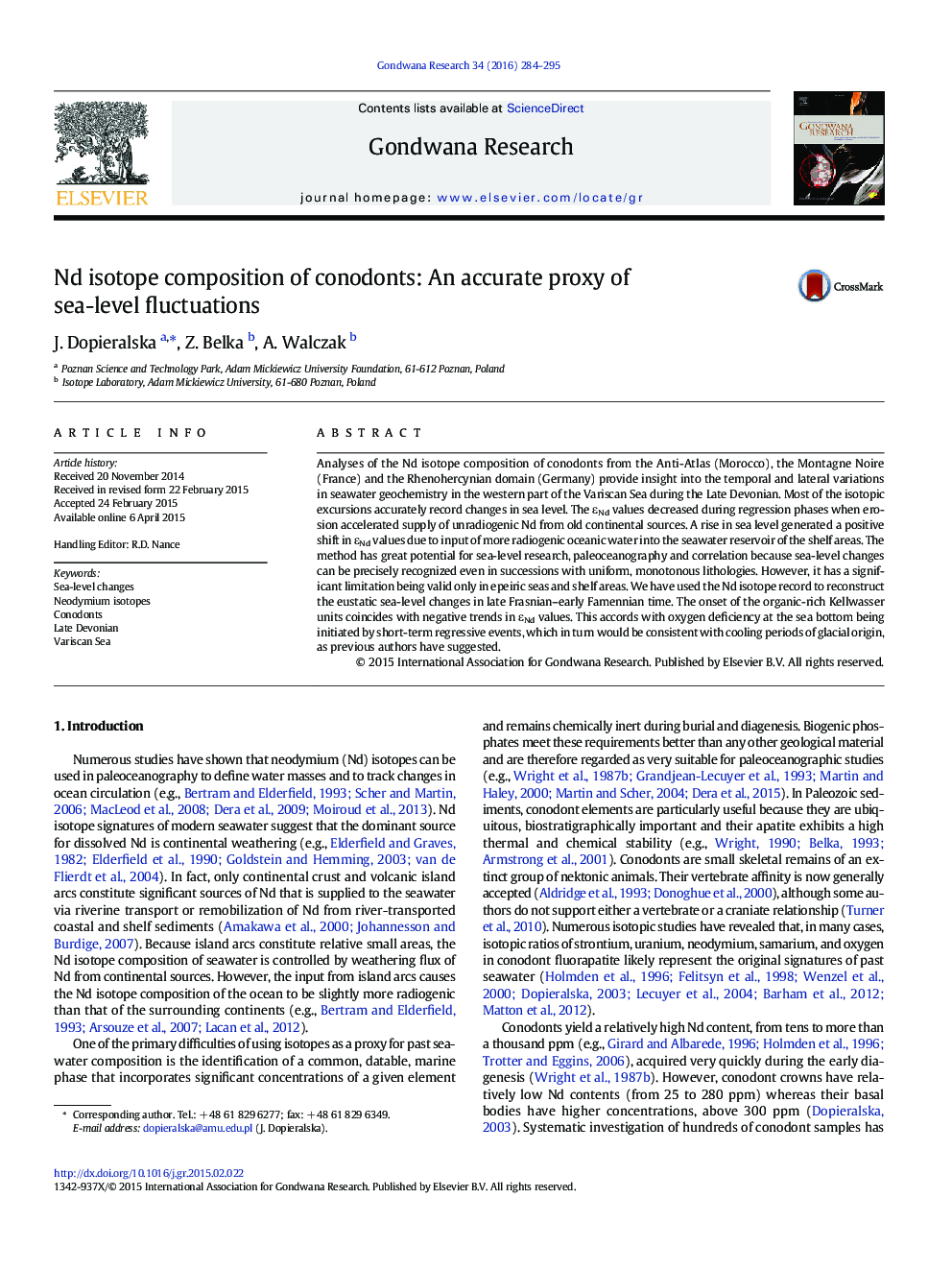 Nd isotope composition of conodonts: An accurate proxy of sea-level fluctuations