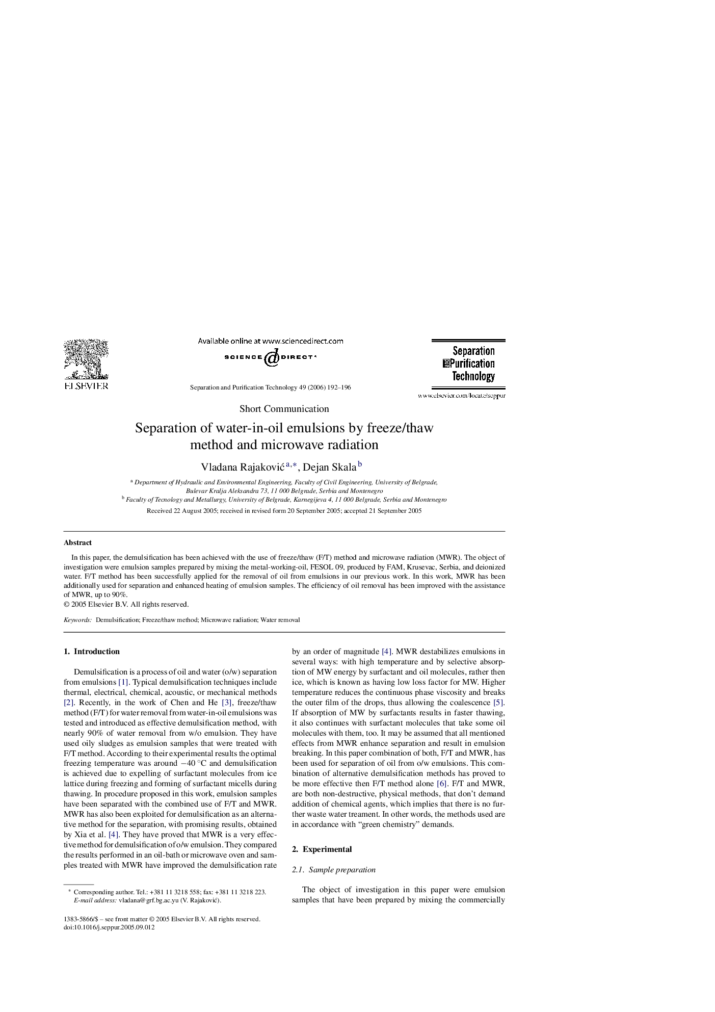 Separation of water-in-oil emulsions by freeze/thaw method and microwave radiation