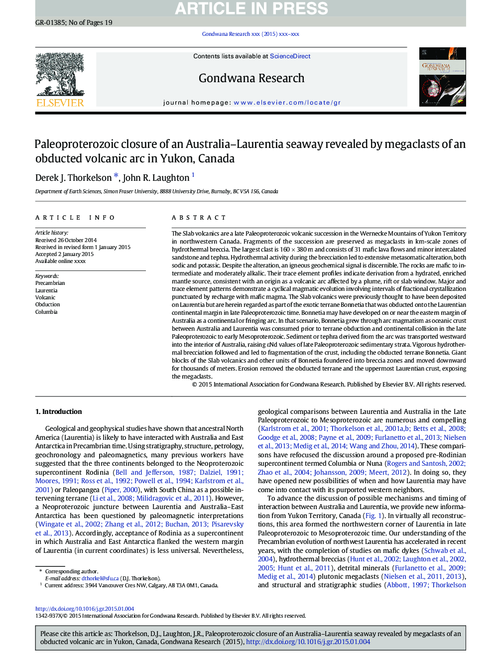 Paleoproterozoic closure of an Australia-Laurentia seaway revealed by megaclasts of an obducted volcanic arc in Yukon, Canada