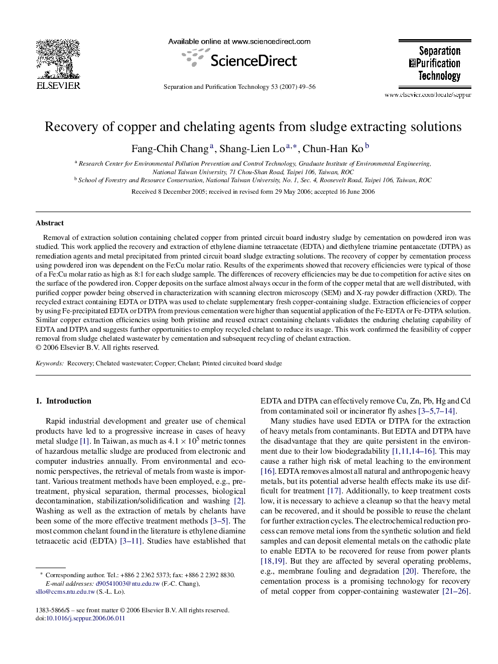 Recovery of copper and chelating agents from sludge extracting solutions