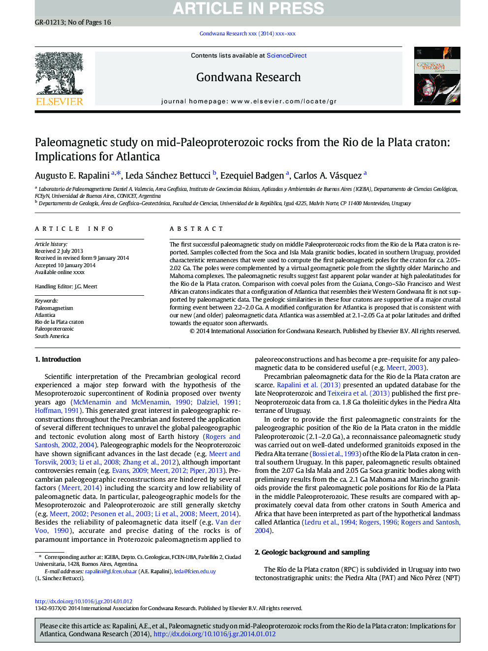 Paleomagnetic study on mid-Paleoproterozoic rocks from the Rio de la Plata craton: Implications for Atlantica