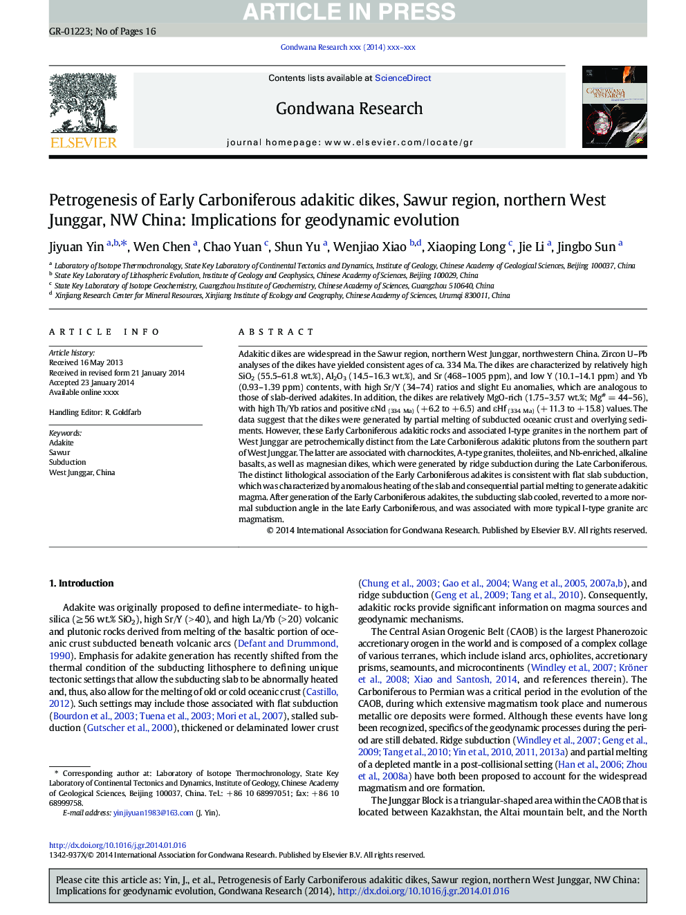 Petrogenesis of Early Carboniferous adakitic dikes, Sawur region, northern West Junggar, NW China: Implications for geodynamic evolution