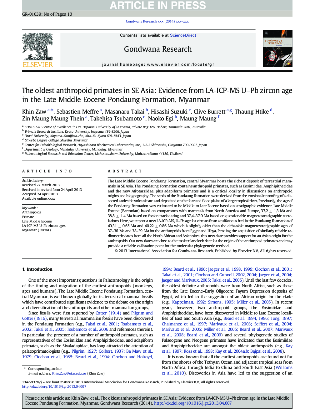 The oldest anthropoid primates in SE Asia: Evidence from LA-ICP-MS U-Pb zircon age in the Late Middle Eocene Pondaung Formation, Myanmar