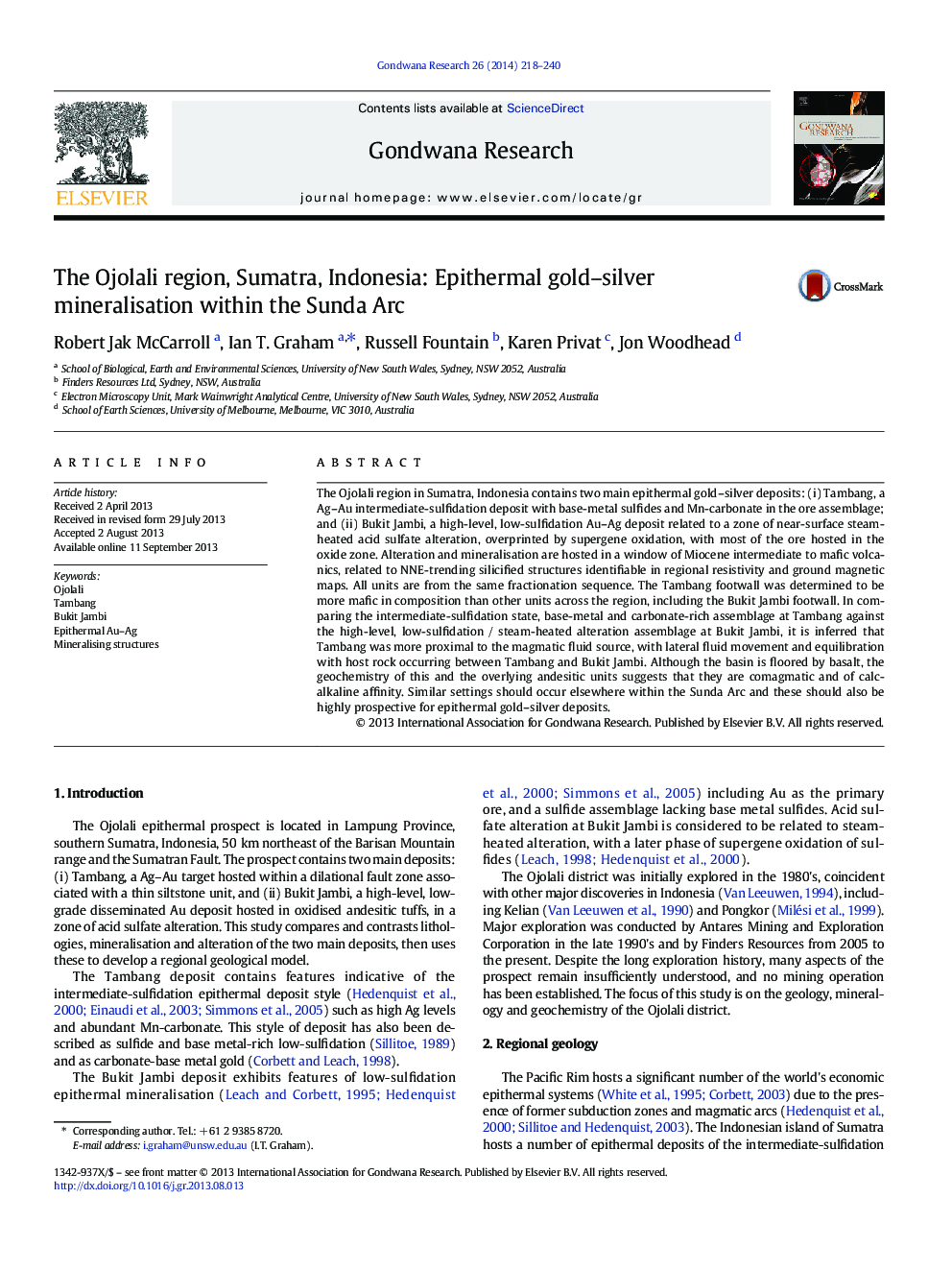 عکس صفحه اول مقاله: The Ojolali region, Sumatra, Indonesia: Epithermal gold-silver mineralisation within the Sunda Arc The Ojolali region, Sumatra, Indonesia: Epithermal gold-silver mineralisation within the Sunda Arc