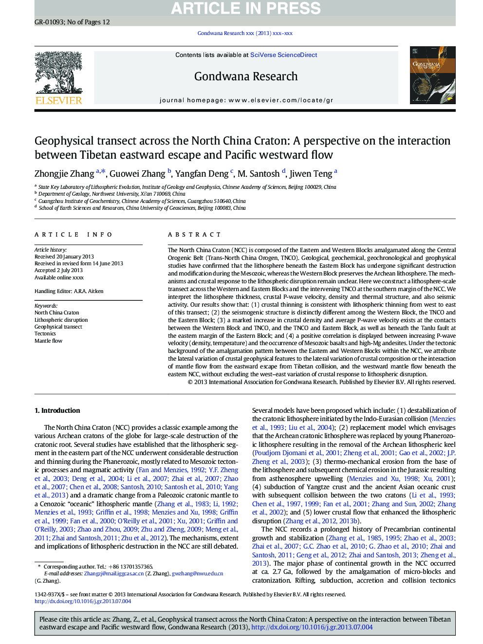 Geophysical transect across the North China Craton: A perspective on the interaction between Tibetan eastward escape and Pacific westward flow