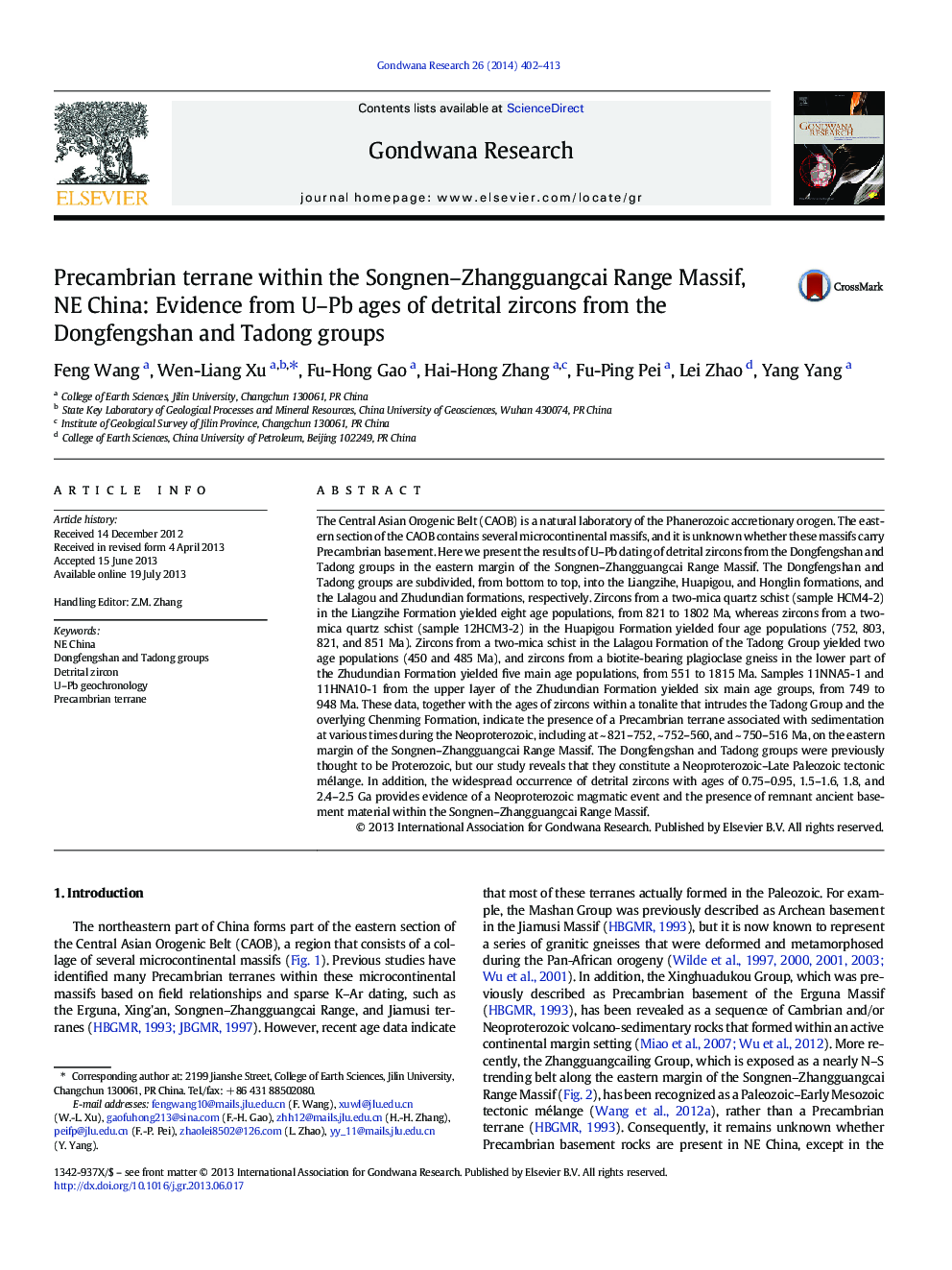 Precambrian terrane within the Songnen-Zhangguangcai Range Massif, NE China: Evidence from U-Pb ages of detrital zircons from the Dongfengshan and Tadong groups