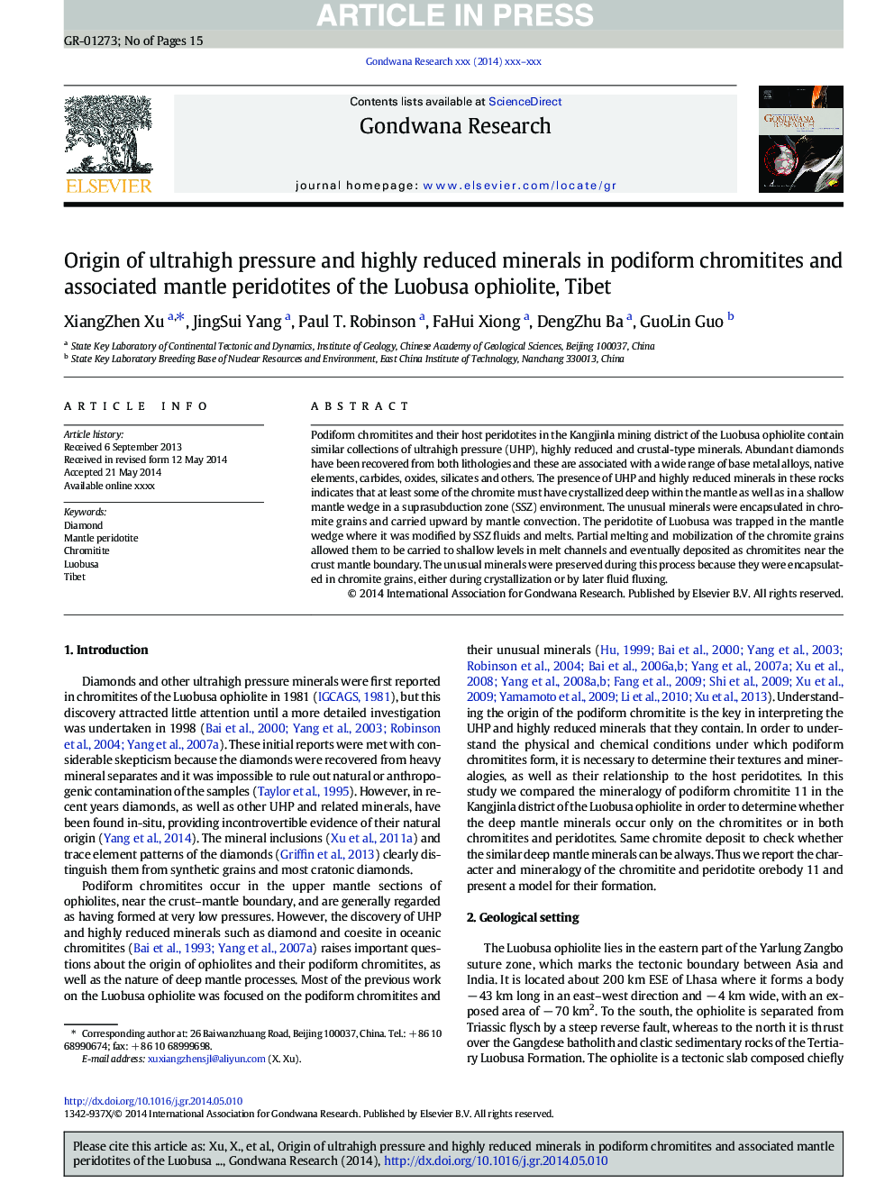 Origin of ultrahigh pressure and highly reduced minerals in podiform chromitites and associated mantle peridotites of the Luobusa ophiolite, Tibet